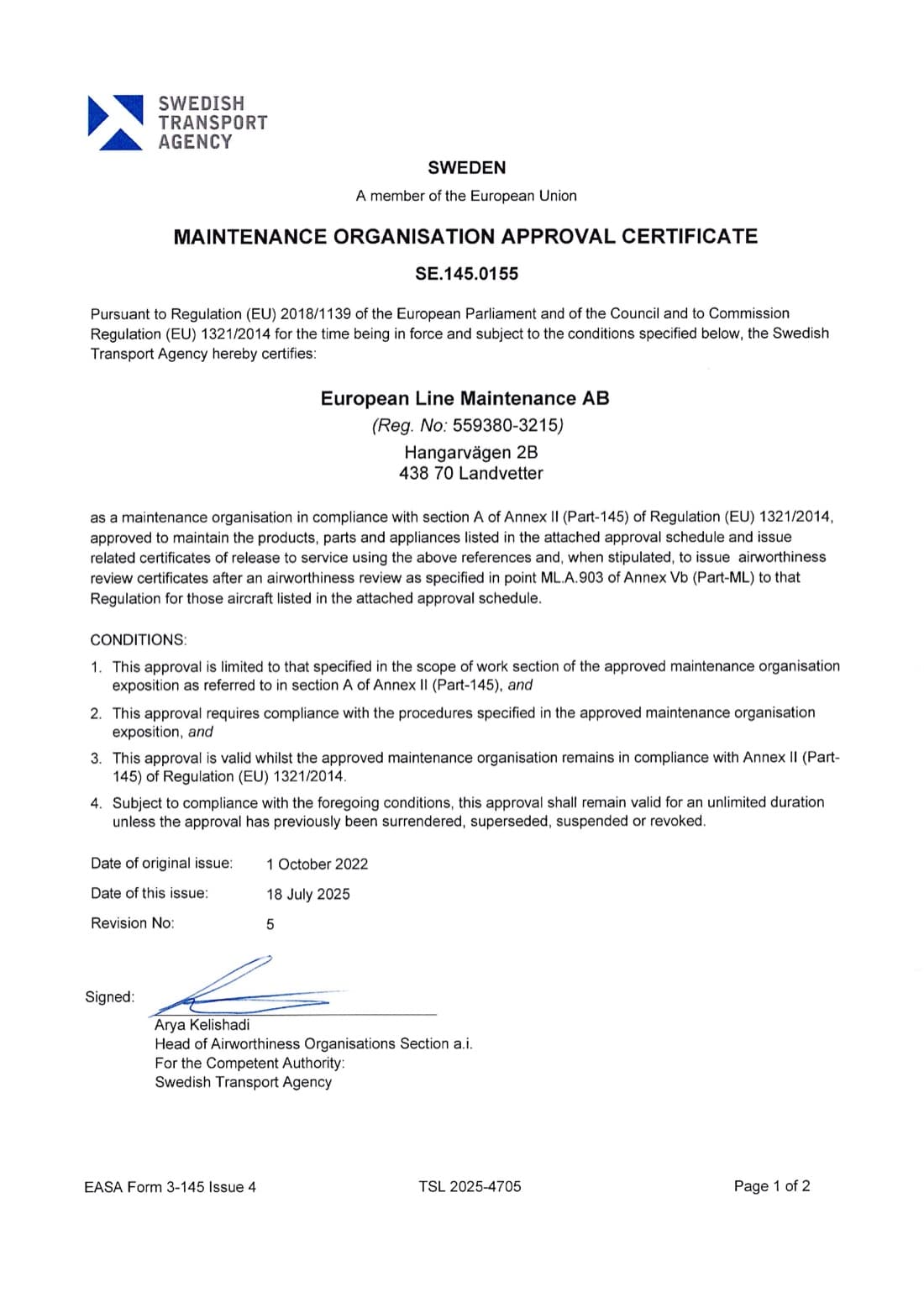 Certificate page of EASA Form 3-145 SE.145.0155